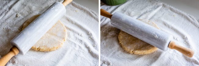 rotating rolling pin while rolling out pie dough.
