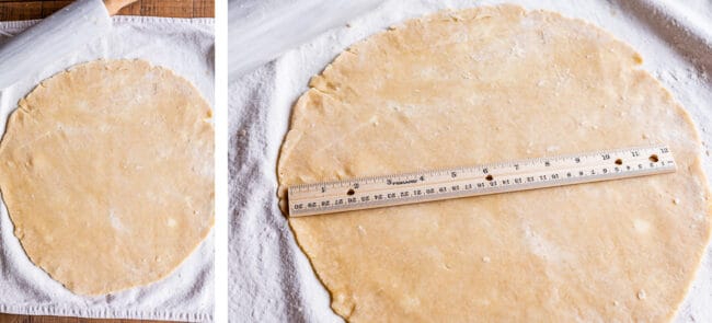 measuring a pie crust using a ruler to 13 inches round.