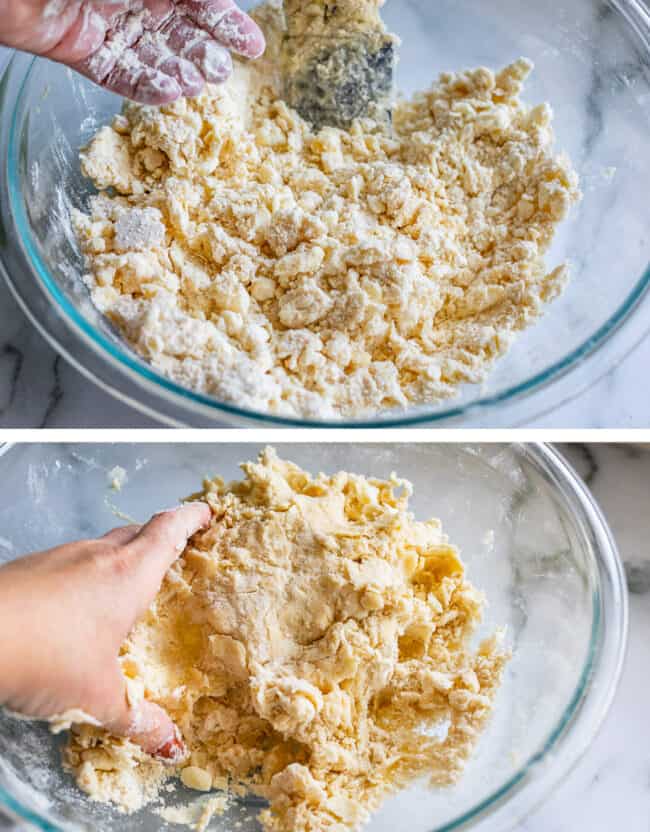 mixing together shaggy pie dough in a glass bowl, pressing together with hands.