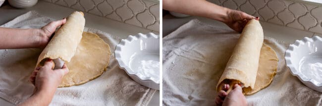 rolling a pie dough onto a marble rolling pin to transfer to pie plate.