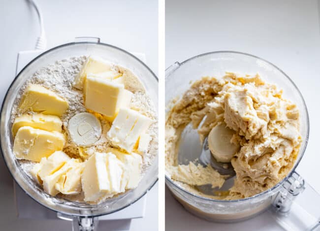 combining flour with butter and shortening in a food processor