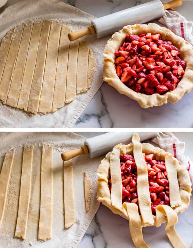 the first step of a lattice pie crust tutorial