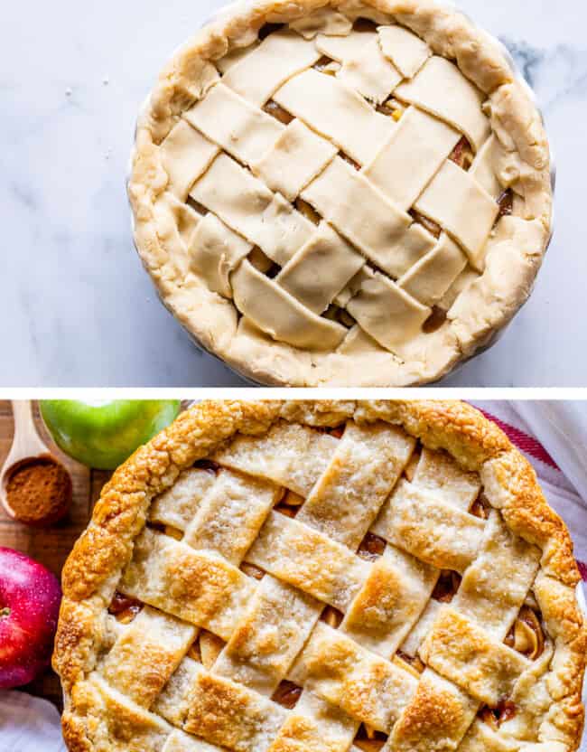 a raw lattice crust apple pie with a baked apple pie