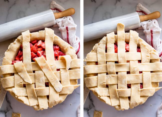 folding back strips of dough for a lattice pie crust