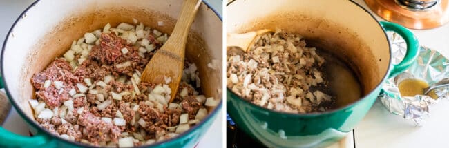 sauteeing ground beef and onions in a soup pot, draining grease.