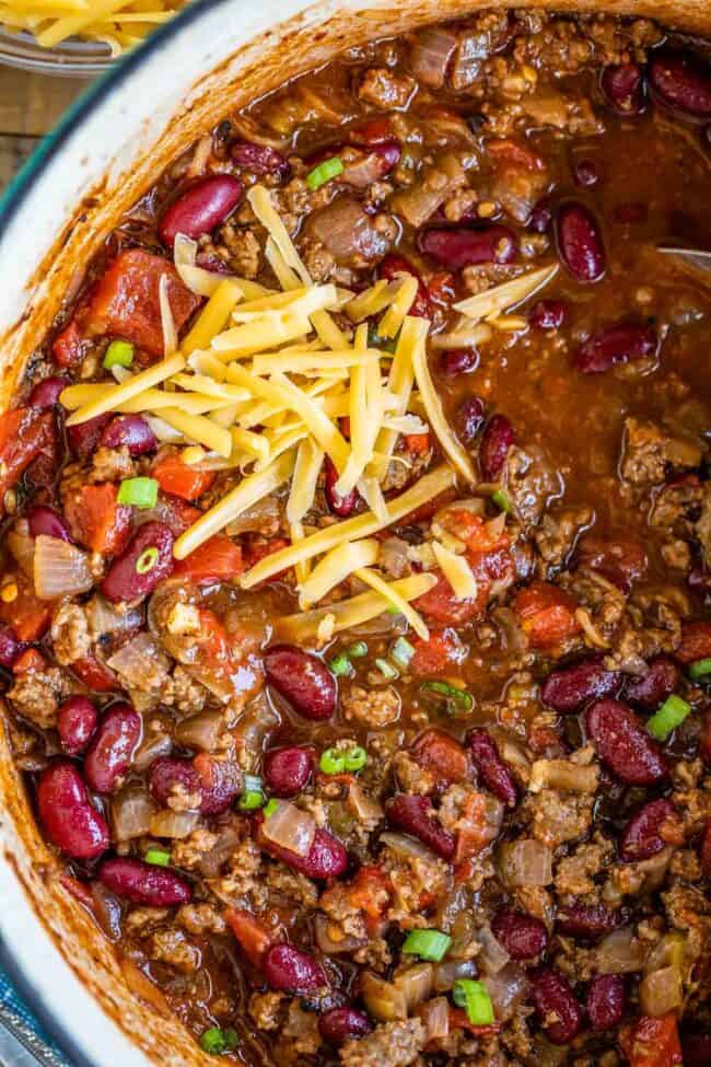 basic chili recipe with cheddar cheese, shot from overhead.