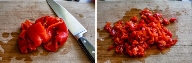 chopping roasted red pepper on a cutting board.