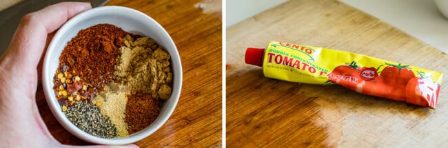 bowl of spices for chili, tomato paste in a tube.