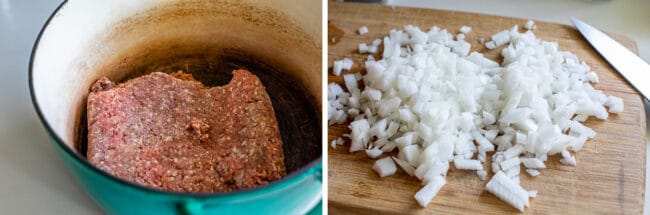 ground beef in a pot, chopped onions; ingredients for chili.