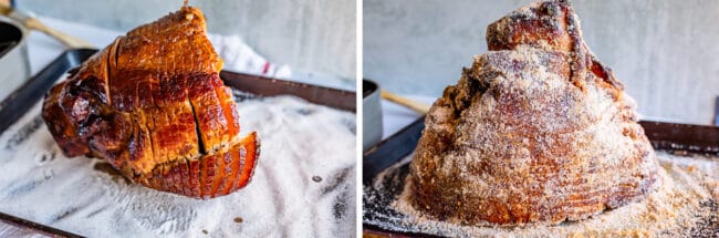 ham on a sheet pan that is covered in sugar.