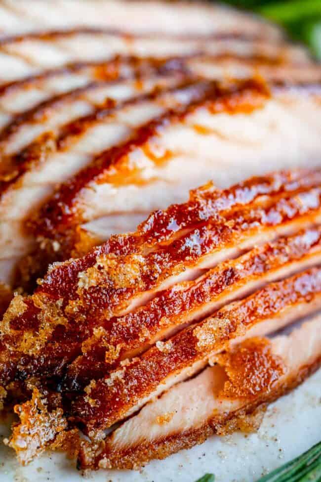 sliced honey baked ham on a plate.