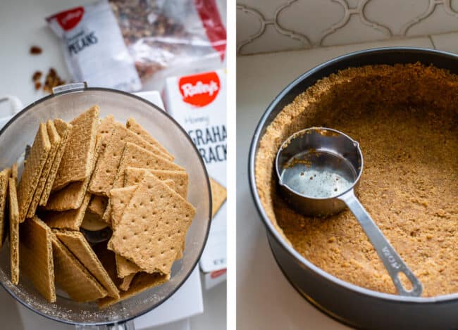 graham crackers in a food processor, graham cracker pecan crust.