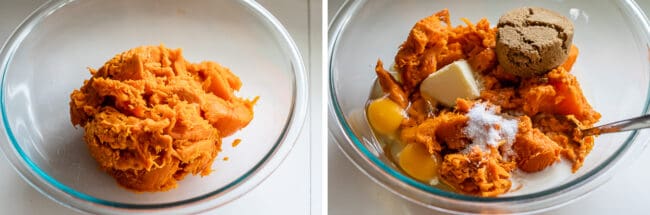 mashed sweet potatoes in a bowl, adding casserole ingredients like sugar, butter, and eggs.