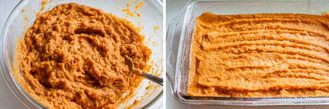 how to make sweet potato casserole; mashing sweet potatoes and spreading in pan.
