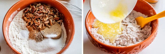 dry ingredients for streusel, adding butter to the bowl of dry ingredients.