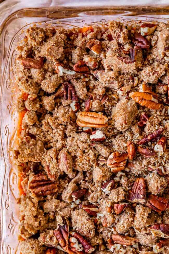 overhead shot of streusel on top of sweet potato casserole recipe