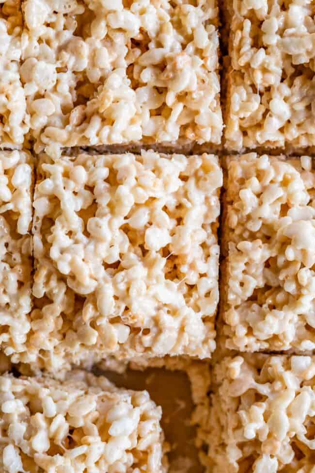 best rice Krispie treat recipe, shot from overhead and cut into squares. 