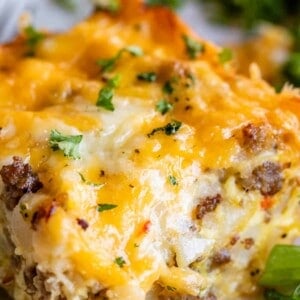 make ahead breakfast casserole with a cheesy topping