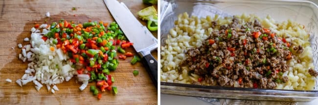 chopped onions, red peppers, and green peppers; sausage and peppers on top of hashbrowns.