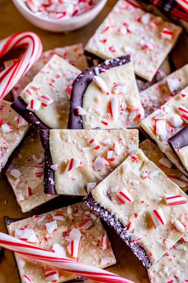 white chocolate peppermint bark spread on a pan.