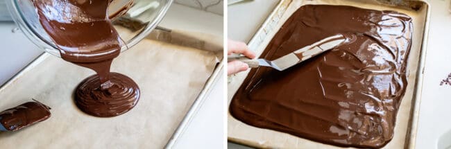 pouring melted dark chocolate onto a pan.