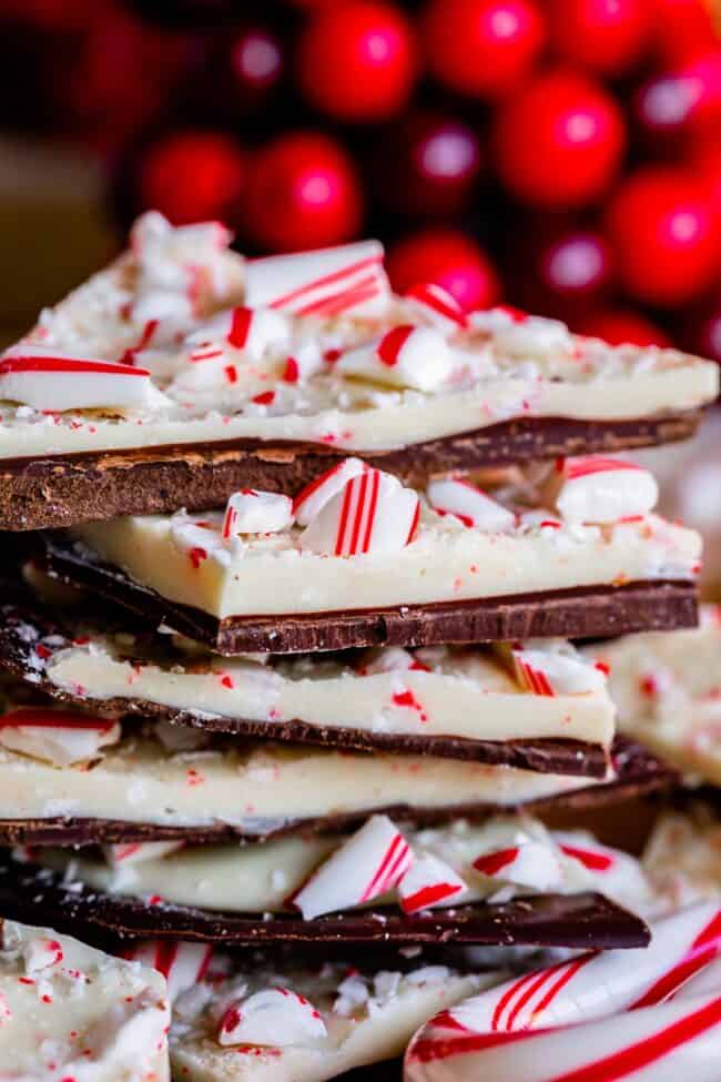 peppermint bark recipe, cut in squares and stacked.