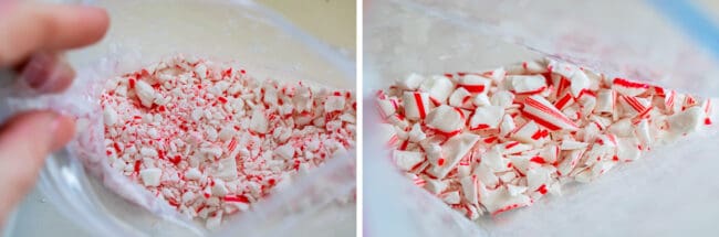 fine and coarse crushed candy canes in a ziplock bag.
