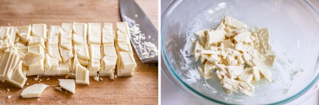 chopped white chocolate on a cutting board and in a bowl.