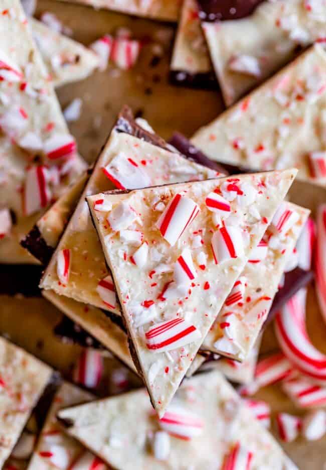 white chocolate peppermint bark, cut in triangles and stacked.