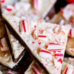 a triangle of peppermint bark with candy canes
