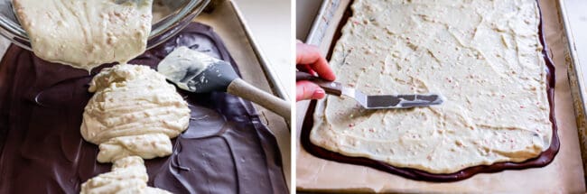 spreading white chocolate over dark chocolate.