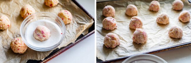 rolling cookies in sugar, cookie dough balls lined up on a pan.