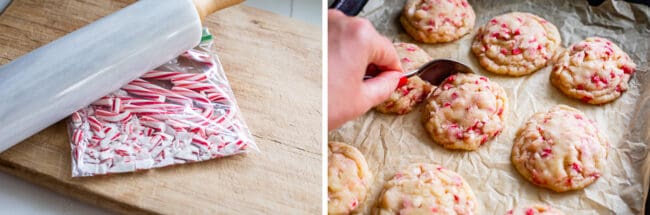 crushing candy canes in a ziplock bag with a rolling pin, cookies on a pan after baking.