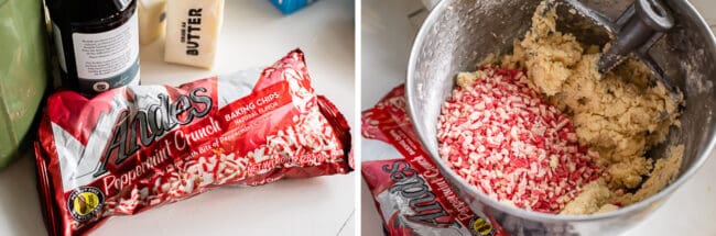 Andes peppermint crunch baking chips, chips ready to be mixed into the dough.