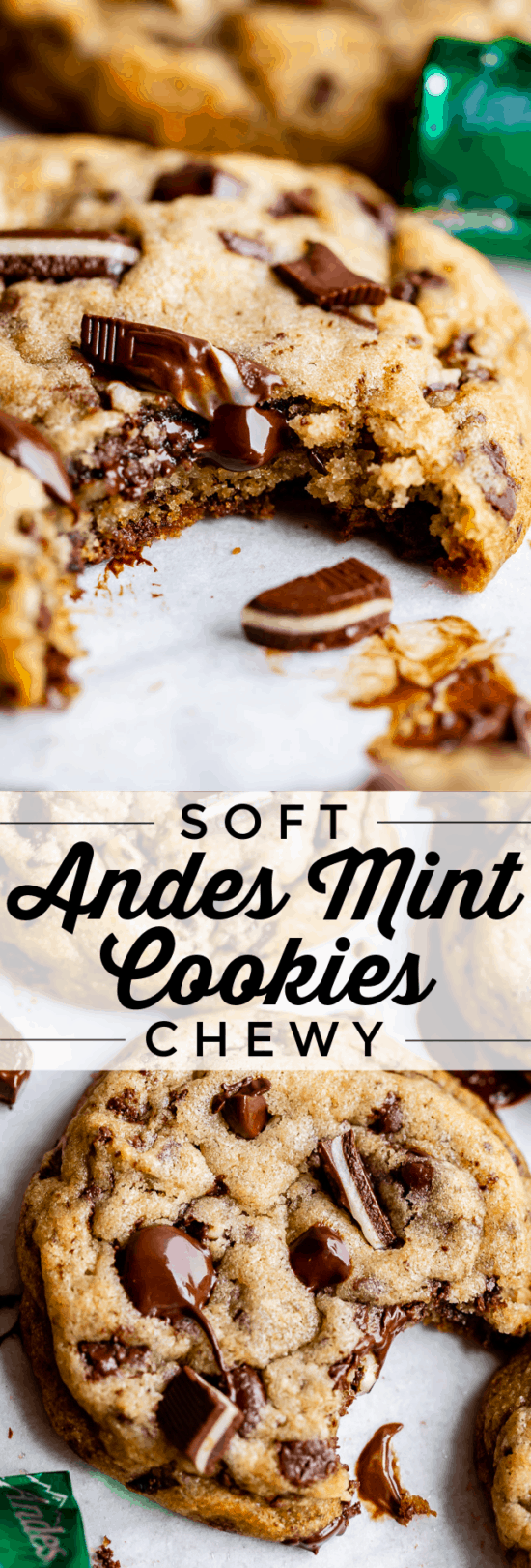 andes mint cookies on a pan with a bite taken out