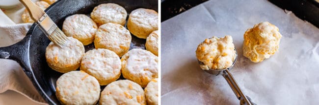 brushing the top of cheese biscuits using a cookie scoop to make biscuits.