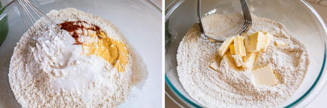 mixing dry ingredients in a glass bowl, adding butter to cut in with a pastry cutter.