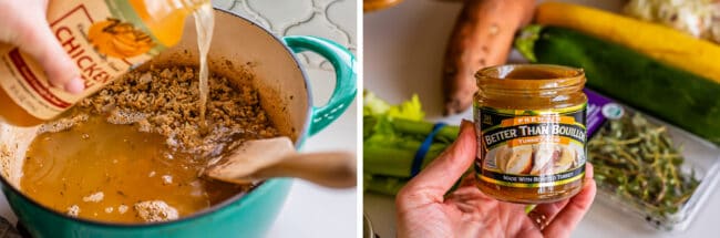 adding chicken broth to soup, a picture of Better Than Bouillon Turkey Base.