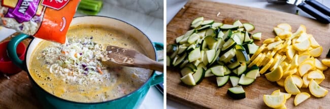 adding cabbage to soup in a pot, chopped zucchini and yellow squash on a cutting board.
