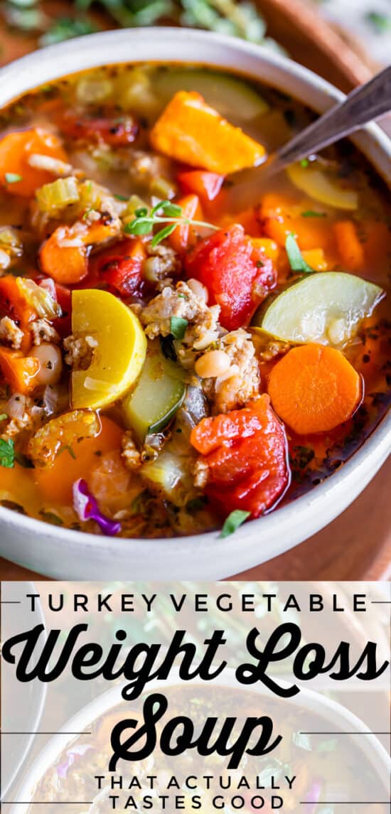 weight loss soup in a white bowl with turkey, yellow squash, zucchini, tomatoes, carrots, celery, etc.