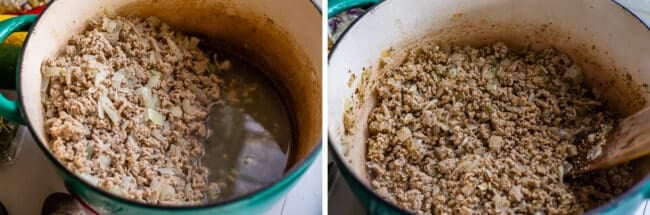 draining fat from ground turkey, adding spice to ground turkey in a pot.