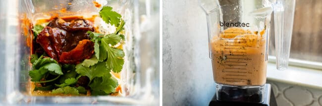 cilantro, chipotles, and mayonnaise in a blender, then blended up.