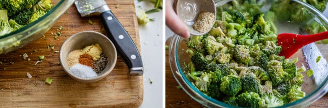 spices in a bowl, adding spices to a glass bowl of broccoli.