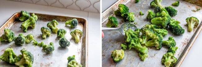 frozen broccoli spread out on a pan, stirring roasted broccoli halfway through roasting.