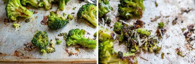 roasted broccoli on a pan, scraping up the browned bits with shredded parmesan.