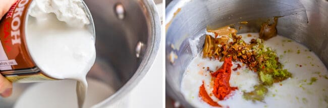 adding coconut milk to a pan, coconut milk, peanut butter, lime zest, red curry paste in a saucepan.