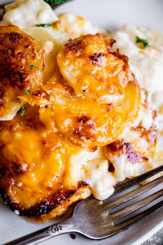 scalloped potatoes with cheese on a plate with a fork.