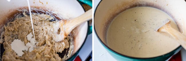 adding cream to a mixture of onions and flour, a creamy sauce.