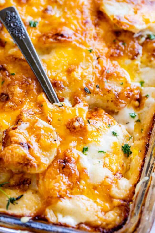 cheesy scalloped potatoes in a pan, shot from overhead with a spoon. 