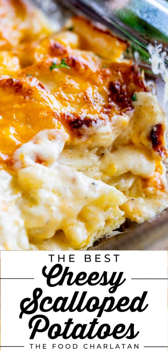 Cheesy scalloped potatoes in a glass pan